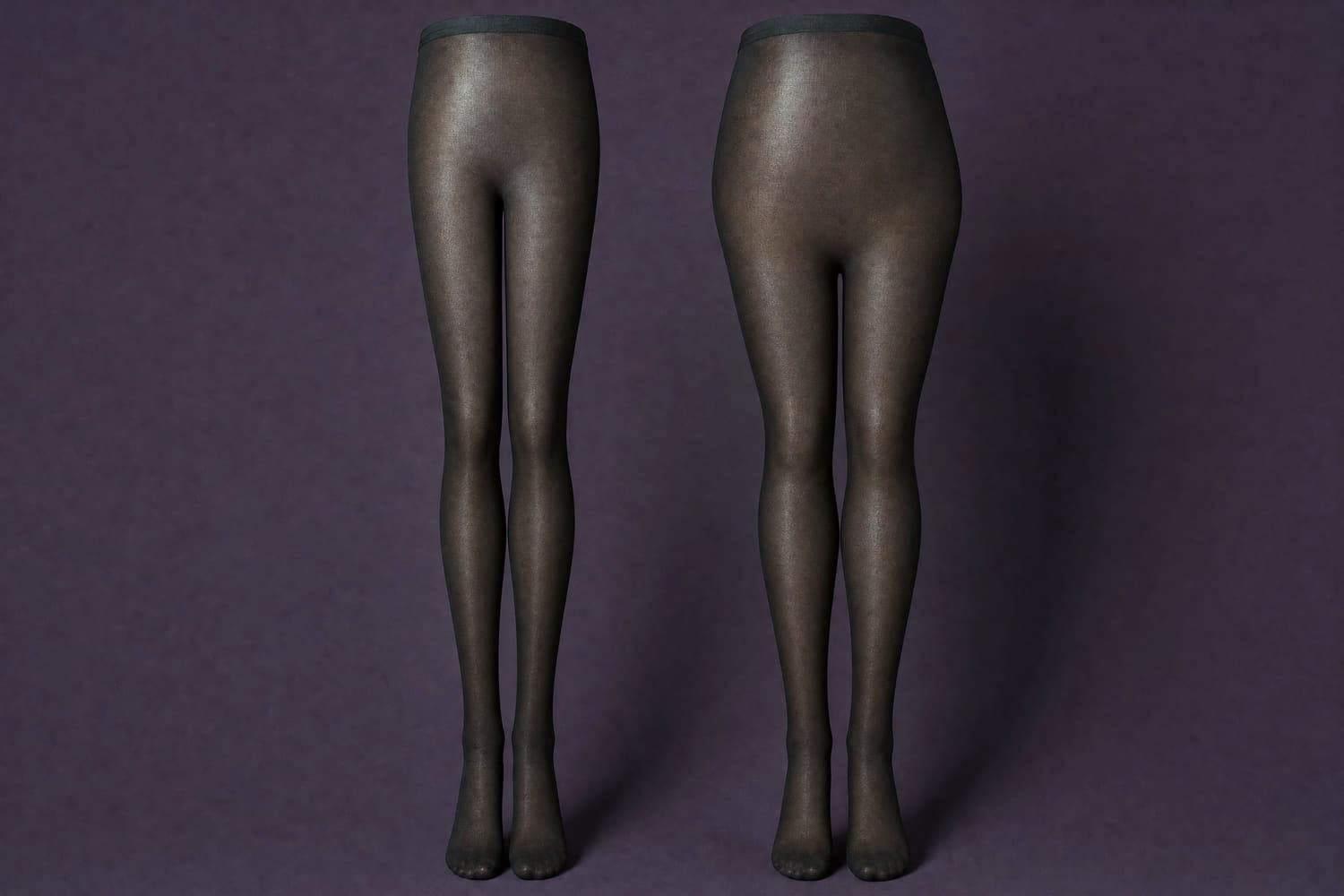 A regular leg form beside a fuller one, both in identical hosiery under the same light