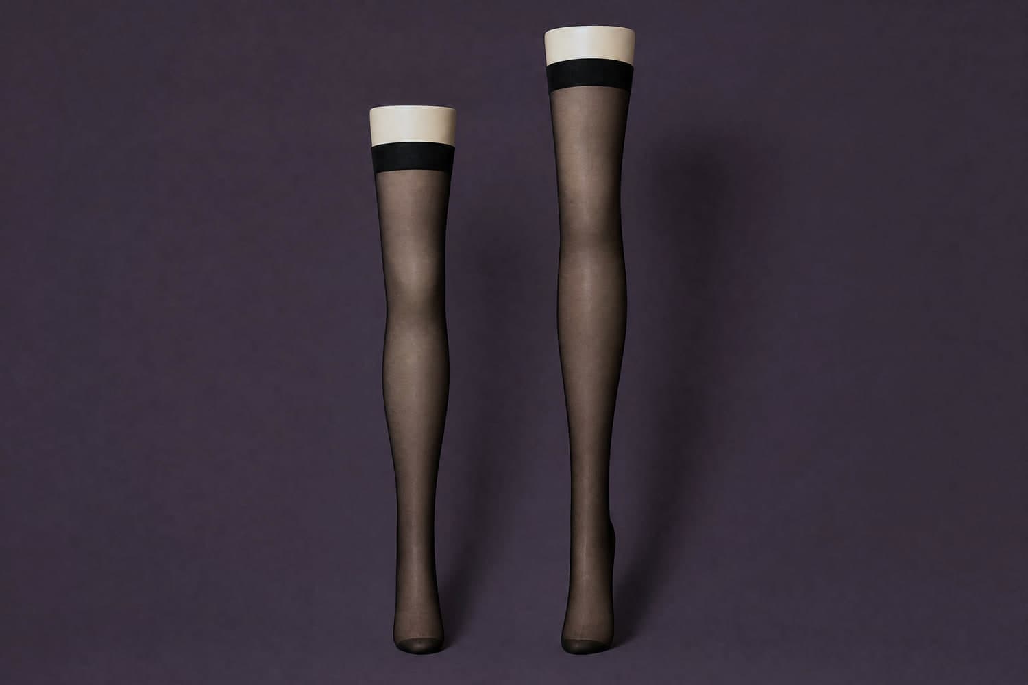 A regular leg form beside a longer one, both in identical hosiery under the same light