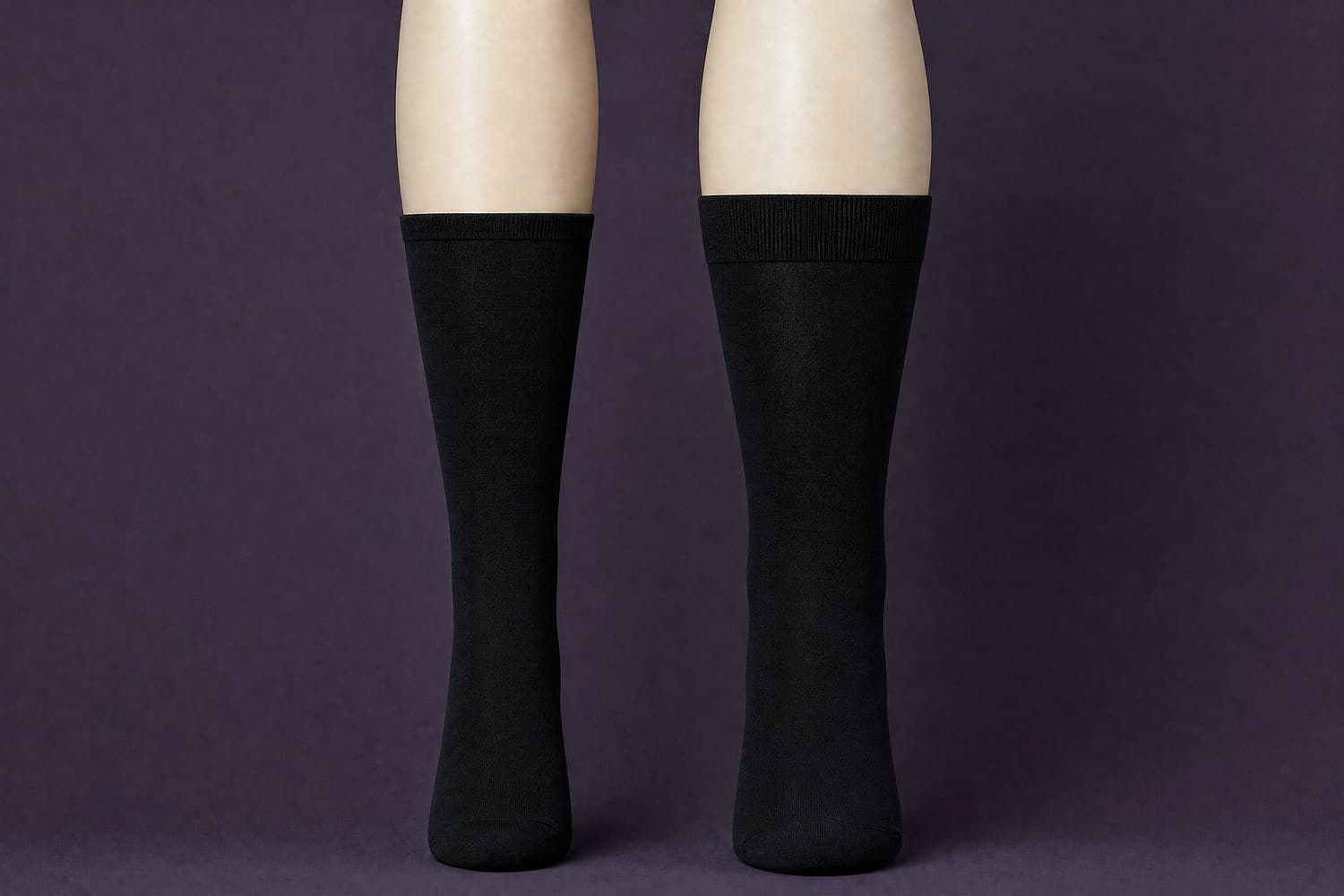 Two knee-high stockings side by side, the right on a visibly wider calf with a deeper welt