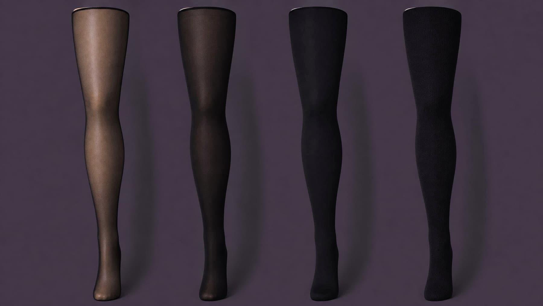 Four identical leg forms in a row under one light, the hosiery growing denser from left to right: sheer, semi-opaque, opaque and heavy opaque